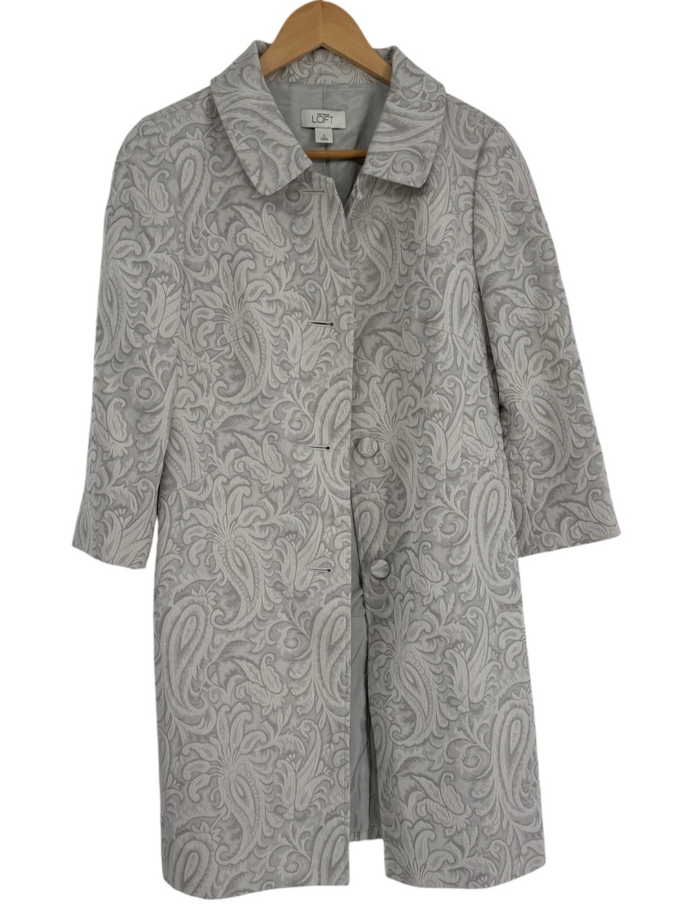 LOFT Silver Paisley Floral Button Overcoat Tapestry Blazer Jacket Size 6 Long
